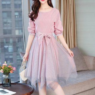 Set: Elbow-sleeve Top + Midi A-line Mesh Skirt