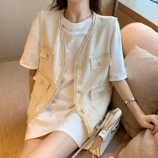 Elbow-sleeve Mini T-shirt Dress / Braided Trim Buttoned Vest