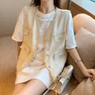 Elbow-sleeve Mini T-shirt Dress / Braided Trim Buttoned Vest