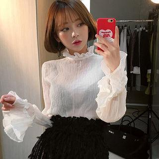 Mock-neck Frill-trim Sheer Blouse