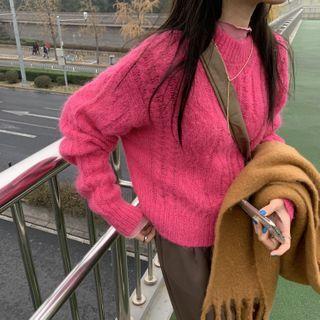 Round-neck Cable-knit Sweater Rose Pink - One Size