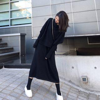 Set: Long-sleeve A-line Midi Dress + Cape Jacket