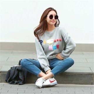 Pompom Lettering Brushed-fleece Lined Sweatshirt