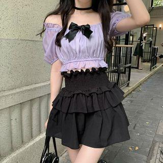 Short-sleeve Bow Crop Top / Tiered Mini Skirt