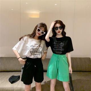Elbow-sleeve Lettering T-shirt / Knit Shorts