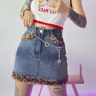 Faux Fur Trim Mini Fitted Denim Skirt