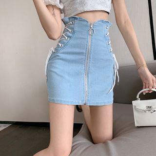 High-waist Lace-up Zip Denim Mini Skirt