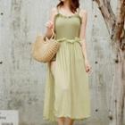 Set: Spaghetti Strap Frill-trim Open-back Swimsuit + Cover-up