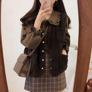 Frill Trim Blouse / Plaid A-line Skirt / Fleece Vest