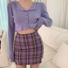 Cropped Cardigan / Slit-side Plaid Mini Pencil Skirt