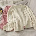 Pearl-accent Open-front Knit Cardigan