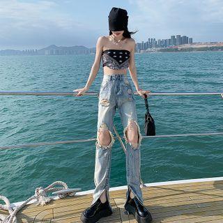 High Waist Washed Distressed Slit Wide Leg Jeans (various Designs)