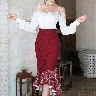 Set: Cold-shoulder Lace Trim Top + Lace Mermaid Pencil Skirt