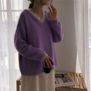 Faux Fur V Neck Knit Sweater