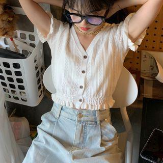 Short-sleeve Button-up Crocheted Knit Top