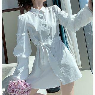 Lantern-sleeve Tie-waist Mini Shirtdress