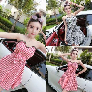 Check Strapless A-line Dress