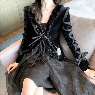 Lace-up Frill Trim Jacket / Strapless Mesh A-line Midi Dress