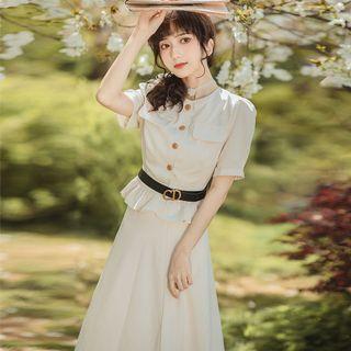 Set: Short-sleeve Blouse + Plain Midi A-line Skirt With Belt