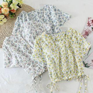 Square-neck Floral Drawstring Short-sleeve Top