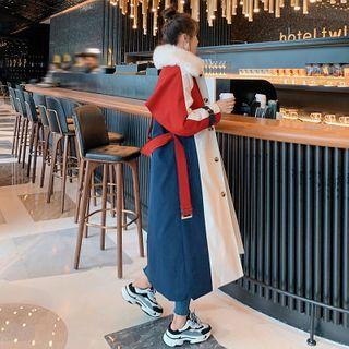 Faux Fur Collar Color Panel Long Coat