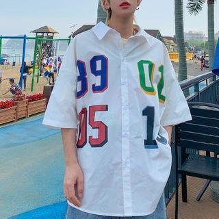 Number Print Elbow-sleeve Shirt