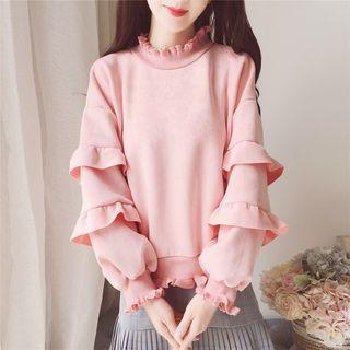 Puff-sleeve Faux Suede Ruffle Trim Pullover