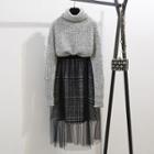 Mock Neck Sweater / Mesh Paneled Plaid A-line Midi Skirt
