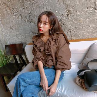 V-neck Frilled Peasant Blouse