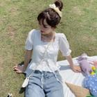 Short-sleeve Lace-up Frill Trim Top
