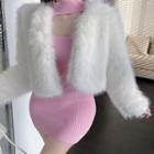 Long-sleeve Mock-neck Cutout Knit Mini Sheath Dress / Fluffy Jacket