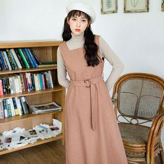 Set: Turtleneck Long-sleeve Top + Midi Pinafore Dress