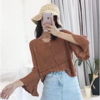 Bell Sleeve Plain Cropped Sweater