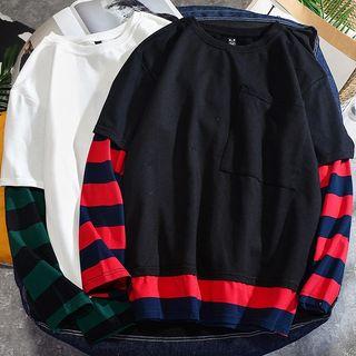Couple Matching Mock Two-piece Long-sleeve Striped Paneled T-shirt