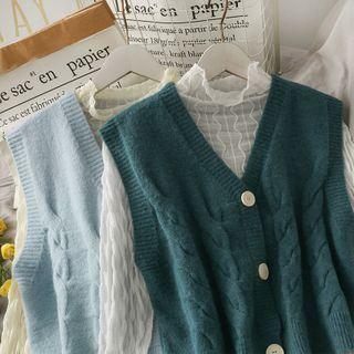 Set: Cowl-neck Sheer Chiffon Top + Button-down Knit Vest