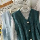 Set: Cowl-neck Sheer Chiffon Top + Button-down Knit Vest