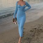 Set: Long-sleeve Cutout Ribbed Knit Crop Top + Spaghetti Strap Sheath Midi Dress
