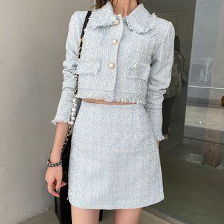 Set: Tweed Cropped Buttoned Jacket + Mini Skirt