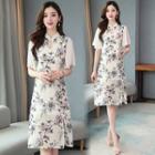 Short-sleeve Floral Print Chiffon Qipao