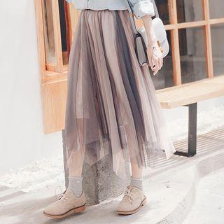 Irregular Hem Midi A-line Skirt Pink & Gray - One Size