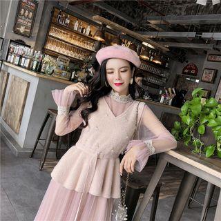 Set: Long-sleeve Maxi A-line Mesh Dress + Sleeveless Embellished Top