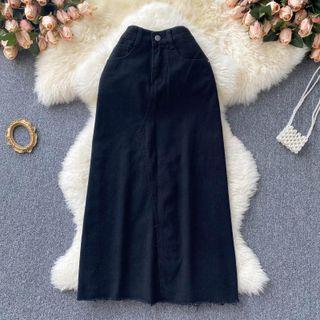 Frayed Trim Slit A-line Denim Skirt