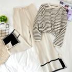 Set: Striped Sweater + Contrast Trim Wide-leg Pants