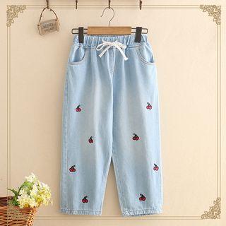 Cherry Embroidered Drawstring Denim Pants