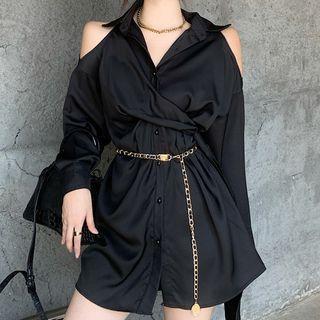 Cold-shoulder Mini Shirtdress / Chain Belt