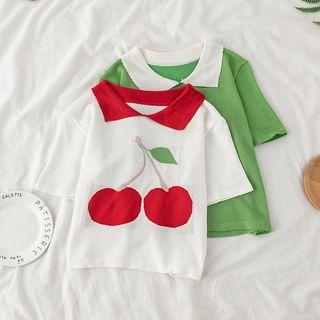 Contrast Collar Cherry Print Top