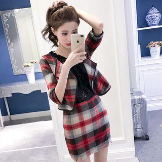 Set: Woolen Plaid Jacket + Fitted Skirt