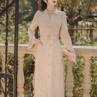 Collared Belted Midi A-line Dress