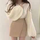 Round-neck Puff-sleeve Sweater / High-waist Asymmetrical Mini Skirt