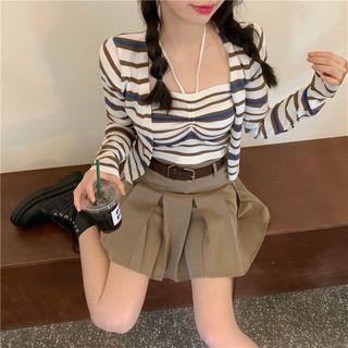 Two Tone Striped Tank Top / Two Tone Striped Cardigan / High-waist Plain Mini Skirt